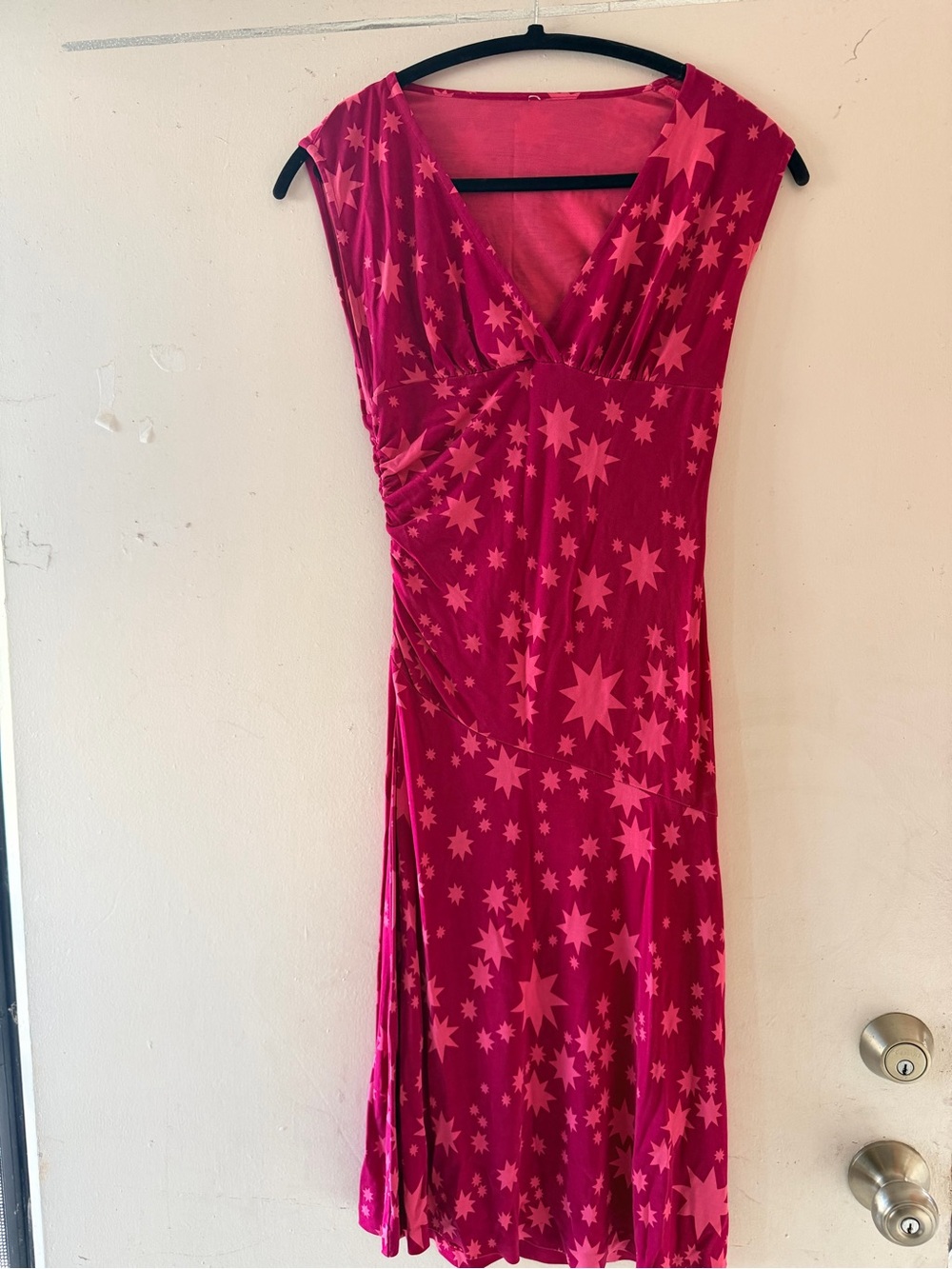 Pink Star-Print V-Neck Midi Dress